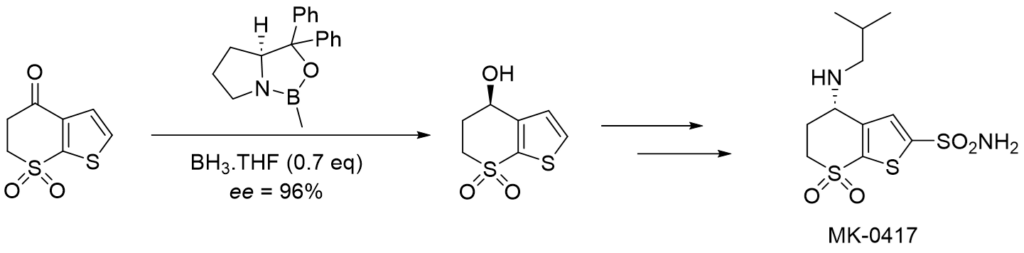 Use of the CBS catalyst in the synthesis of Dorzolamide, a topical carbonic anhydrase inhibitor.